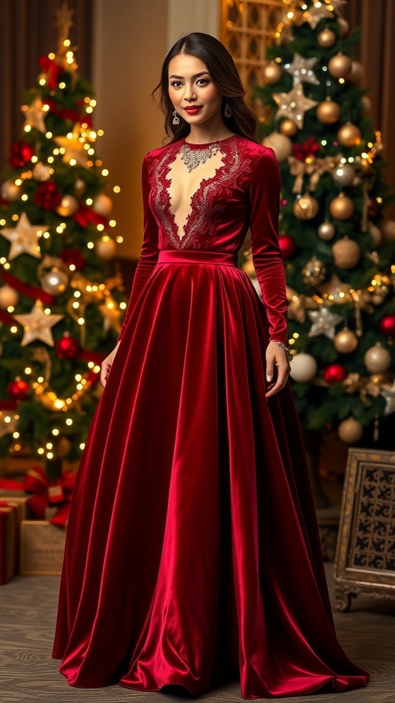 An elegant deep red Christmas dress with lace details, set against a festive backdrop.